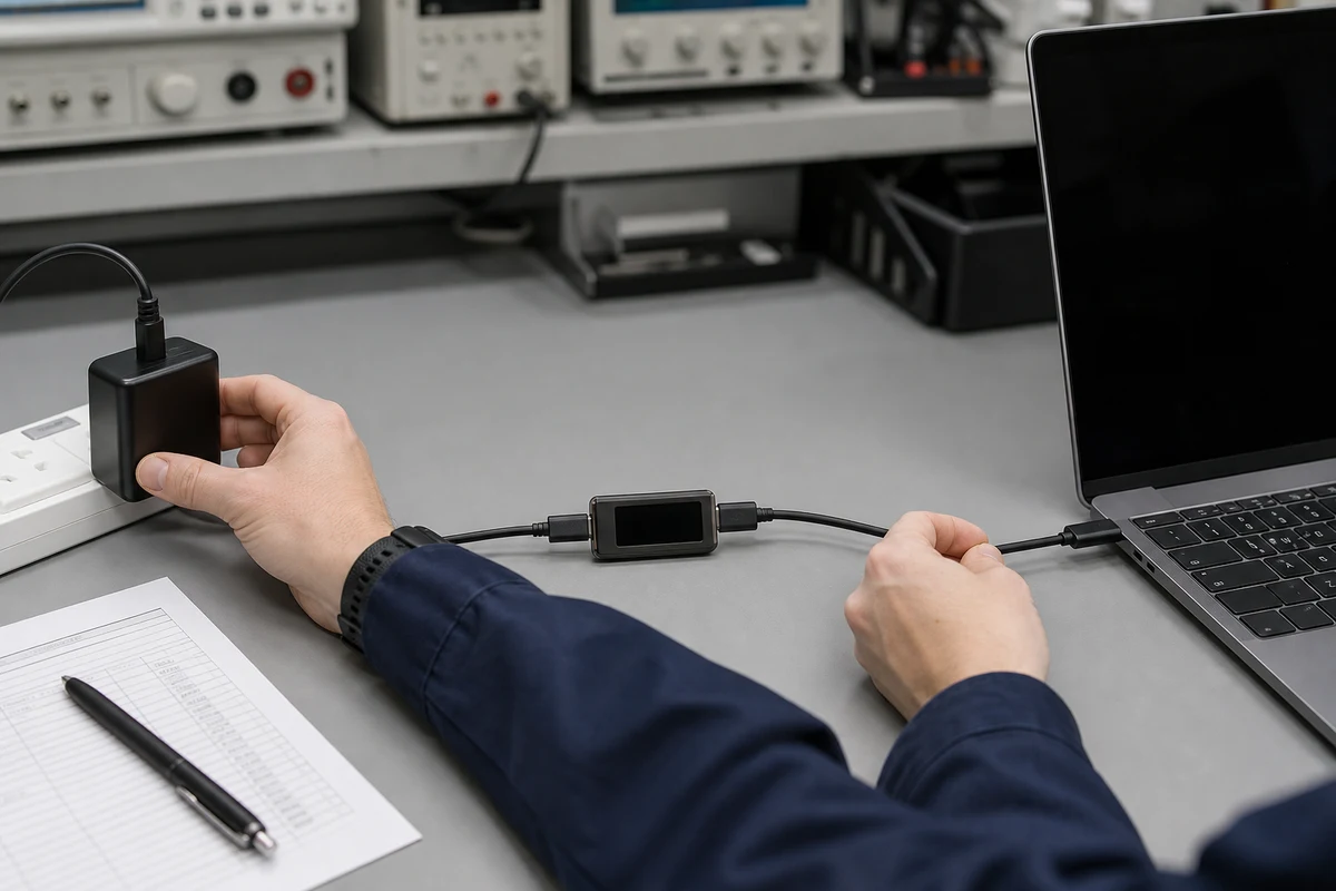 USB-C source, cable, inline analyzer and laptop arranged as one controlled power test chain