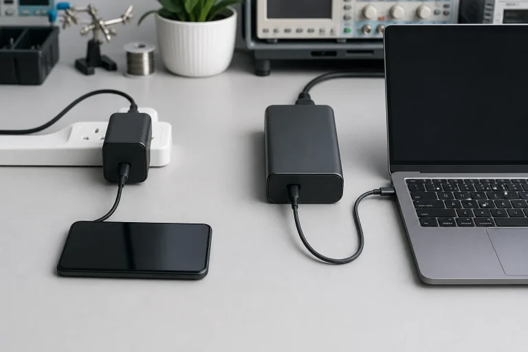 Compact USB-C charger and phone beside a higher-power USB-C source and laptop