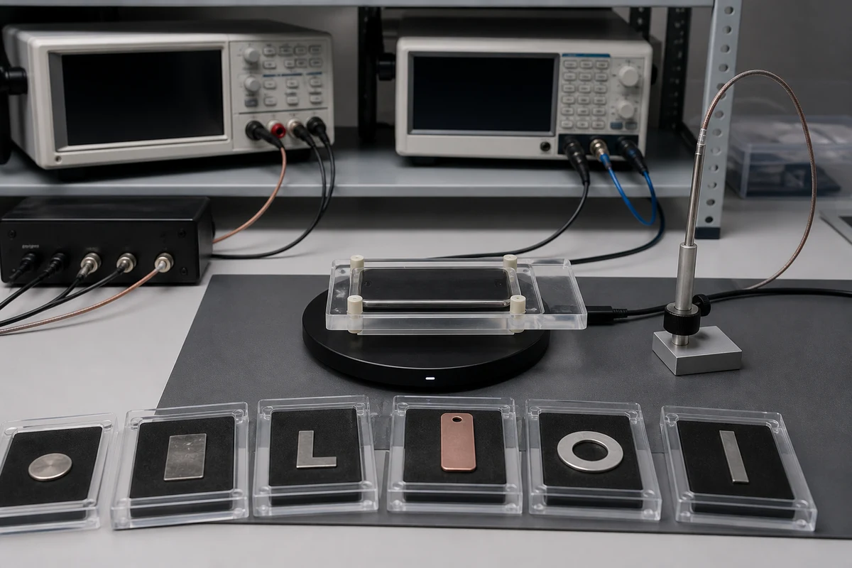 Controlled wireless charger validation setup with metal test coupons and temperature instrumentation