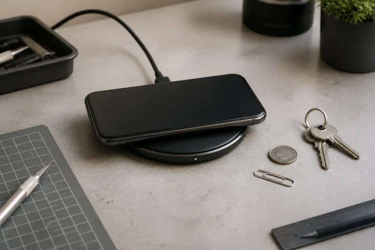 Phone on a wireless charging pad with small metal objects kept beside the charging area