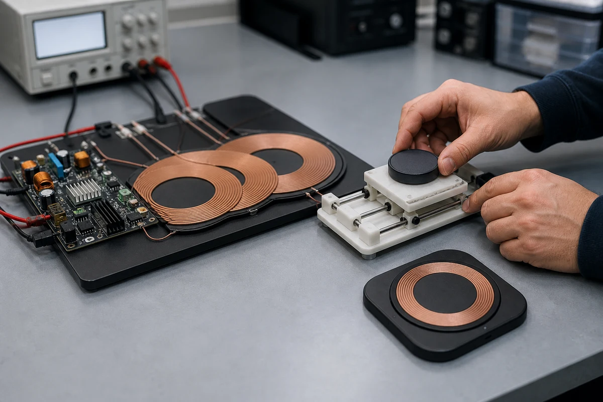 Overlapping wireless charging coils and receiver positioning fixture on an engineering workbench