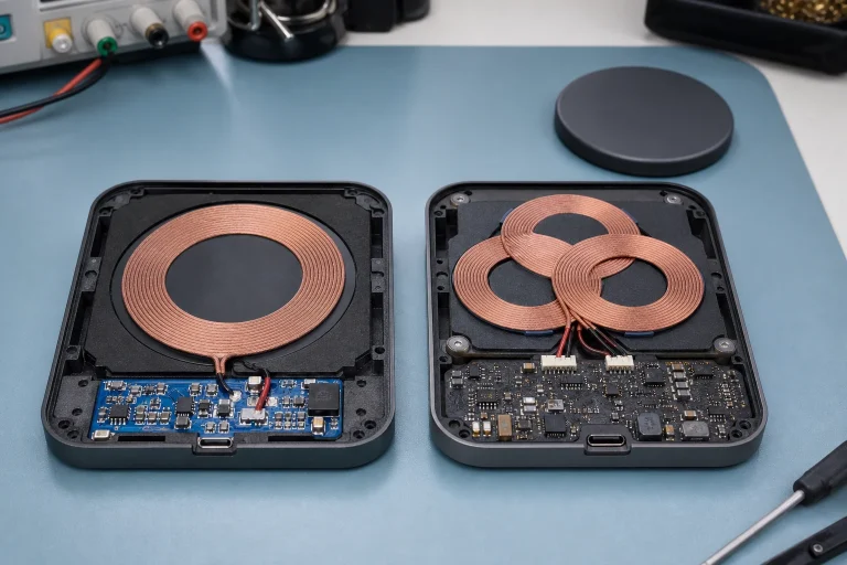 Open wireless charger housings showing one transmitter coil and an overlapping three-coil array